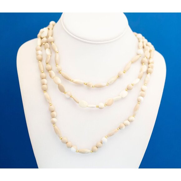 Vintage Beige Beads Multi Strand Beaded Necklace - 28 inch - N25 - Picture 1 of 3